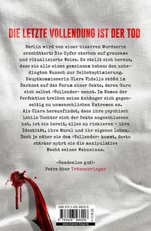 „DIE LETZTE VOLLENDUNG IST DER TOD“ in Rot. Text über Morde in Berlin, Sekte im Darknet. Blut tropft von einer Klinge links.