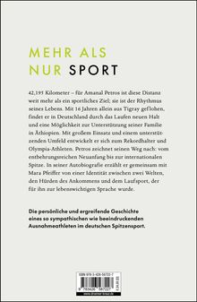 "MEHR ALS NUR SPORT" steht oben. Text beschreibt Amanal Petros' Laufstrecke und seine Lebensgeschichte. ISBN unten.