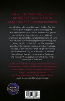 Ein dramatischer Klappentext über einen Mafiaroman, der von erzwungener Ehe, Feinden und Leidenschaft handelt. Unten ein Verlagslogo.