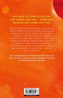 Ein orangefarbener Hintergrund mit kleinen weißen Punkten und einem Text über ein Abenteuer auf dem Mars.