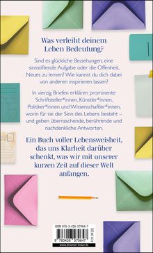 Text in der Mitte beschreibt Fragen über Lebenssinn und Weisheit, um Klarheit im Leben zu finden. Umschlossen von bunten Umschlägen.