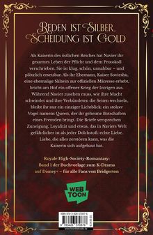 "Reden ist Silber, Scheidung ist Gold." Text über Kaiserin aus dem Osten. Unten "Royale High-Society-Romantasy" und Webtoon-Logo.