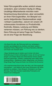 Texte beschreiben Führungsprobleme und Transformation. Enthaltene Zitate loben das Buch "Unlearn Leadership" als inspirierend.