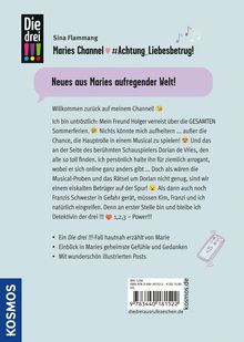 Text oben: "Neues aus Maries aufregender Welt!" Darunter ein erklärender Text mit Emojis. Links "Die drei !!!" Logo.