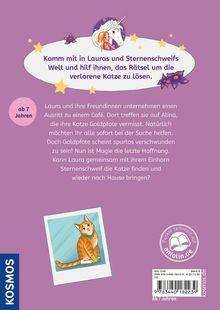 Buchrückseite mit Text über Lauras Abenteuer zur Rettung einer vermissten Katze, und einem Einhorn-Logo. Illustration einer Katze.