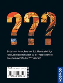 Logo mit drei Fragezeichen, darunter Text: Ein Jahr mit Justus, Peter und Bob: Meistgere knifflige Rätsel, erlebe einen Die drei ???-Kurzkrimi!