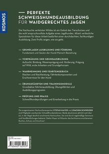 Titel: Perfekte Schweißhundeausbildung. Inhalte: Grundlagen, Vorprägung, Wahrnehmung, Übungen, Prüfung und Praxis. Experten: Stefan Mayer und Joachim Schweizer. Links: Kosmos-Logo. Hintergrund: dunkelgrün.