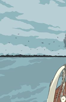 Illustration von Meer und Himmel, zahlreiche fliegende Vögel, ein Bootsteil mit Segel auf der rechten Seite.