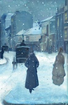 Eine winterliche Straßenszene mit Schneefall. Menschen in historischer Kleidung, Kutschen und erleuchtete Fenster.