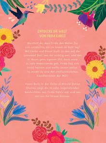 Text in der Mitte über Frida Kahlo. Hummingbird und bunte Blumen umrahmen den Text.