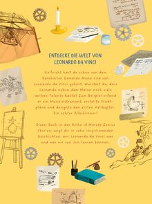 ENTDECKE DIE WELT VON LEONARDO DA VINCI. Collage aus Skizzen, Zahnrädern, Kerze, Buch und Pinsel. Gelber Hintergrund.