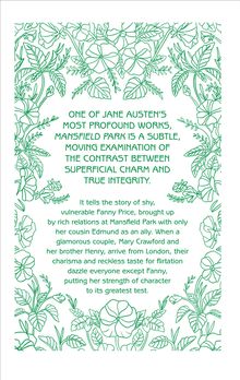 Texte beschreiben Jane Austens "Mansfield Park" als subtile Untersuchung von Charme und Integrität. Blumendesign umrahmt den Text.