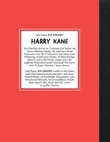 Text über Harry Kane und seinen Weg vom Nachwuchs zum Profi, Teil der Serie "Little People, BIG DREAMS". Roter Hintergrund.