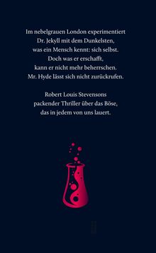Text über Dr. Jekylls dunkle Experimente. Rotes Reagenzglas mit Blasen, minimalistisches Design auf dunklem Hintergrund.