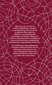 Text über Nietzsches Ideen. Hintergrund in dunklem Rot mit weißen, überlappenden Kreismustern.