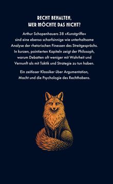 "RECHT BEHALTEN, WER MÖCHTE DAS NICHT?" Text über Schopenhauers Rhetorik mit Illustration eines Fuchses darunter.