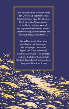 Text über Tom Sawyer's Abenteuer und Verantwortung. Dunkler Hintergrund mit goldener Rahmen und Pflanzenillustration.