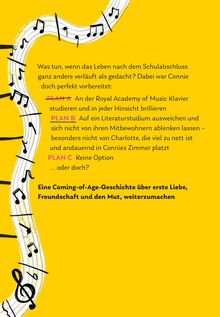 Text in schwarz auf gelbem Hintergrund. Eine geschwungene Linie mit Noten. Thema: Coming-of-Age, Pläne im Leben.