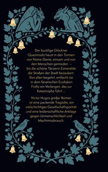 Text beschreibt "Der Glöckner von Notre-Dame" von Hugo. Illustration zeigt Gargoyles und Glocken in einem blattverzierten Rahmen.