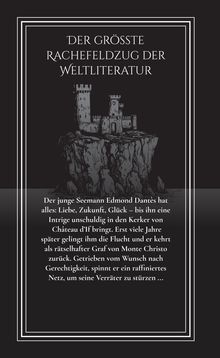 Der Text beschreibt einen Rachefeldzug in der Weltliteratur mit Edmond Dantès, der nach einer Flucht als Graf zurückkehrt. Oben ist ein Schloss auf einer Klippe abgebildet.