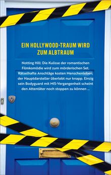 Text: "EIN HOLLYWOOD-TRAUM WIRD ZUM ALBTRAUM" vor einer blauen Tür mit gelbem Absperrband.