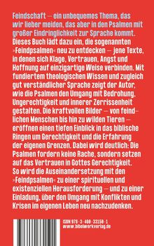 Ein roter Hintergrund mit weißen Texten beschreibt ein Buch über "Feindschaft" und die "Feindpsalmen". Unten ISBN und Webseite.