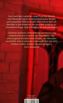 Kurze Texte über Alexander Gertz, Krieg und Überlebensliteratur. Hintergrund in Rot gehalten mit unscharfen Formen.