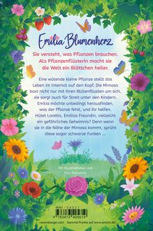 Der Text beschreibt "Emilia Blumenherz". Pflanzenmotive, Schmetterlinge und bunte Blumengrafik mit Illustration von Flor Persichini.
