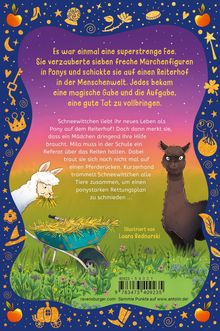 Text über eine Fee, die Märchenfiguren in Ponys verwandelt. Illustration mit Lama, Schubkarre und buntem Hintergrund.