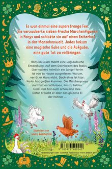 Ein grüner Rahmen voller Symbole, ein Text über eine Fee, Märchenponys, Hans' Entdeckung, und das goldene Ei der Hühner.