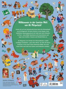 "Willkommen in der bunten Welt von Ali Mitgutsch!" Diverse fröhliche Illustrationen von Menschen, Tieren und Fahrzeugen.