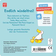 "Endlich windelfrei!" steht oben. Unten rechts ist eine Zeichnung einer Ente auf einem Töpfchen.