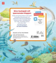 "Dino-Suchspaß mit spannenden Klappen" steht im Text. Illustrationen zeigen Unterwasserszenen mit Dinosauriern und Meereslebewesen.