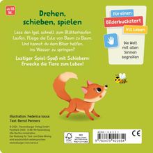 "Drehen, schieben, spielen." Ein Fuchs blickt zu einer Biene, daneben Text und Logo "Für einen Bilderbuchstart ins Leben".