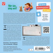 „Hör hin, sing mit!“ „Für einen Bilderbuchstart ins Leben“. Illustration: Kind mit Kaninchen, hält Grashalm.