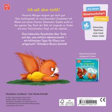 "Ich will aber nicht!" Ein Eichhörnchen liegt wütend mit verschränkten Armen auf dem Bauch. Links ein kleiner blauer Schnuller.