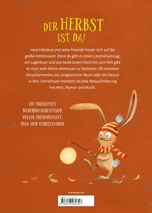 Text: "DER HERBST IST DA!" Ein fröhliches Abenteuer voller Freundschaft. Illustration: Ein Hase mit Laterne.