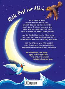 "Stille Post für Albin" beschreibt ein Bilderbuch über Freundschaft. Illustration: Eine Amsel und Schwalbe vor Mondsichel.