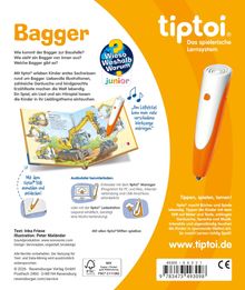 Text: "Bagger", "Wieso Weshalb Warum junior", "tiptoi Das spielerische Lernsystem", "Am Löffelstiel kann man viele verschiedene Werkzeuge anbringen." Illustration eines Tiptoi-Stifts und Buch.
