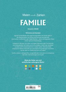 Titel: "Malen nach Zahlen: FAMILIE". Beschreibung: 100 Szenen zum Ausmalen inspiriert von Disney und Pixar. Hintergrund: Verschnörkeltes Muster.