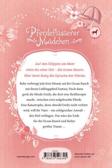 Titel: "Pferdeflüsterer Mädchen".  
Text beschreibt Rubys Abenteuer und Emilys Gefahr auf der Ocean Ranch.  
Blumen und Reitzubehör umrahmen alles.