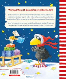 Weihnachten ist die alleroberschönste Zeit! Illustration: Ein Rabe in Weihnachtskleidung und eine Maus mit Geschenken im Schnee.