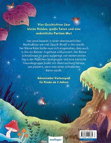 Titel in gelber Schrift: "Vier Geschichten über kleine Helden, große Taten und eine ordentliche Portion Mut". Illustration einer Waldlandschaft mit Glühwürmchen und Pilzen.
