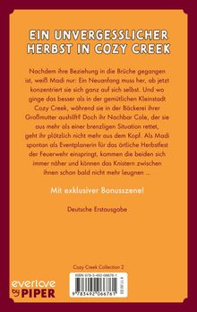 Ein Buchcover mit dem Titel "Ein unvergesslicher Herbst in Cozy Creek", gefolgt von einer Inhaltsbeschreibung. "Mit exklusiver Bonusszene!", "Deutsche Erstausgabe". Unten ist das "everlove by PIPER" Logo.