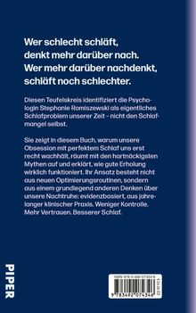 Klappentext über Schlafprobleme. Obsession für perfekten Schlaf wird kritisiert. Lösung durch Vertrauen und besseres Denken.
