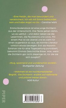 Rezensionen zu einem Buch über Emma Rodenstock, einer jungen Dichterin. ISBN und Preis sind unten abgebildet. Hintergrund grün.