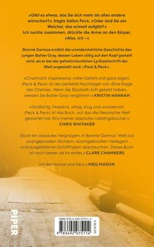 Ein orange Hintergrund zeigt Zitate und Rezensionen über Bonnie Garmus' Buch „Peck & Peck“, ISBN 978-3-492-07511-4.