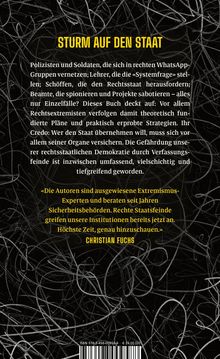 "STURM AUF DEN STAAT" in gelber Schrift. Darunter ein Text über rechtsextreme Bedrohungen für die Demokratie. Zitat von Christian Fuchs. Hintergrund: Schwarzes, wirres Muster.