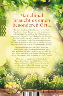Ein Garten mit Zitrusbaum, blühendem Strauch, Korb voller Zitronen und der Text: "Manchmal braucht es einen besonderen Ort...".