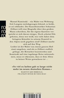 Buchbeschreibung über einen Maler, Manuel Kaminski, und einen Kunsthistoriker, der seine Biografie schreiben möchte. Links "rororo".